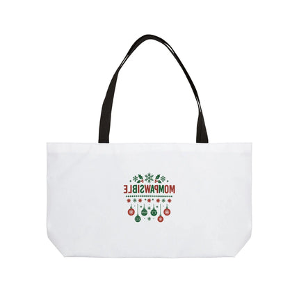 Weekender Tote Bag — "Mompawsible" Holiday Dog Mom Tote (Christmas Ornaments & Snowflakes) Printify
