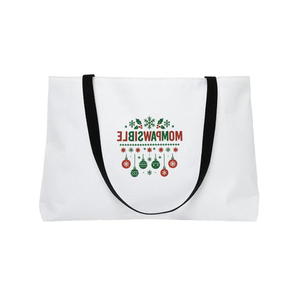 Weekender Tote Bag — "Mompawsible" Holiday Dog Mom Tote (Christmas Ornaments & Snowflakes) Printify