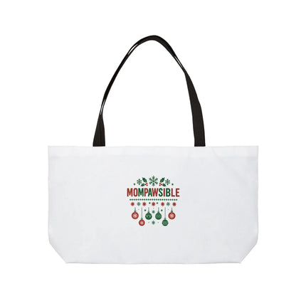 Weekender Tote Bag — "Mompawsible" Holiday Dog Mom Tote (Christmas Ornaments & Snowflakes) Printify