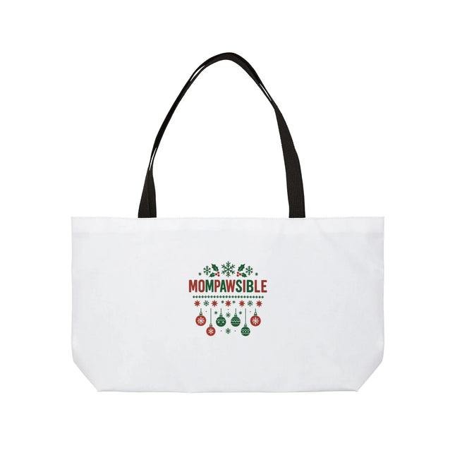 Weekender Tote Bag — "Mompawsible" Holiday Dog Mom Tote (Christmas Ornaments & Snowflakes) Printify