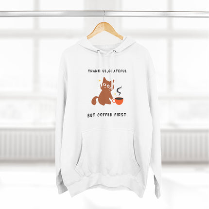 Cozy Cat Hoodie: "Thankful, Grateful, But Coffee First" Sweatshirt, Cute Animal Apparel, Gift for Cat Lovers, Coffee Lovers' Hoodie, [...]