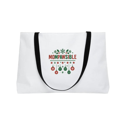 Weekender Tote Bag — "Mompawsible" Holiday Dog Mom Tote (Christmas Ornaments & Snowflakes) Printify
