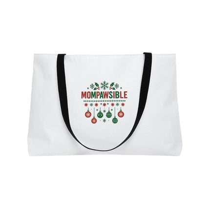 Weekender Tote Bag — "Mompawsible" Holiday Dog Mom Tote (Christmas Ornaments & Snowflakes) Printify